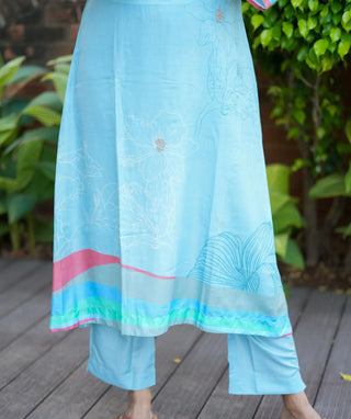Turquoise Blue Muslin Silk Kurti with Bottom – Casual Wear