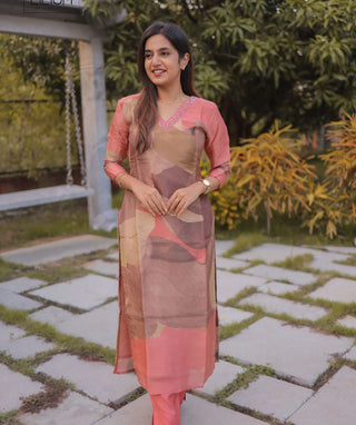 Peach Tissue Silk 3-Piece Festive Wear with Embroidery