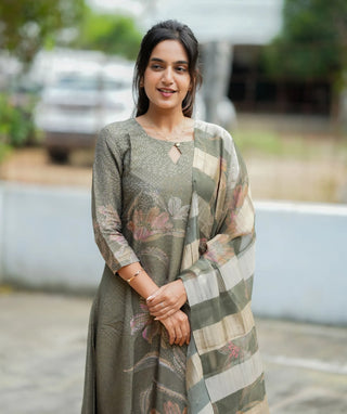 Elegant Olive Green 3-Piece Shimmer Set with Floral Embroidery Aline