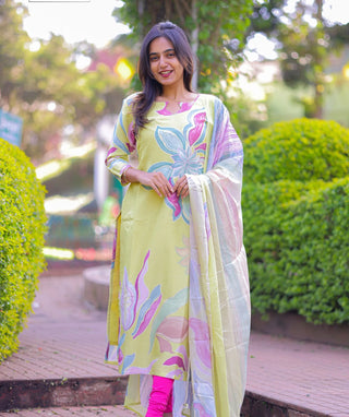 Elegant Pear Green Muslin Shimmer Kurti with Shawl