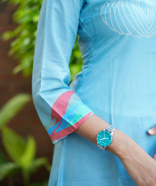 Turquoise Blue Muslin Silk Kurti with Bottom – Casual Wear