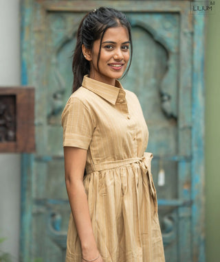 Cotton Maxi Dress in Stone Beige Lines with Pockets