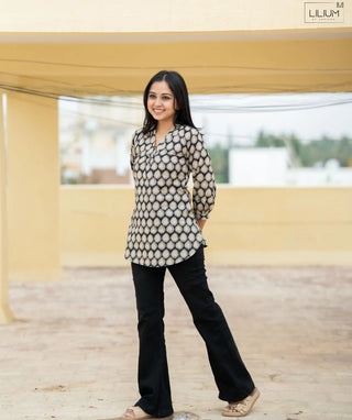 Midnight Muse Black Cotton Short Top – Casual & Chic