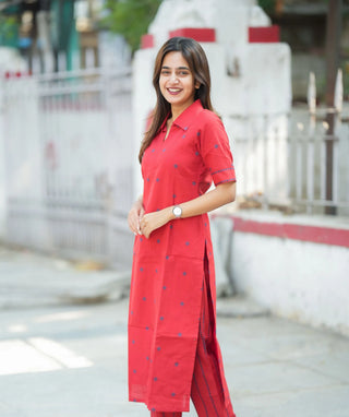 Crimson Red Cotton Handloom Co-ords with Pockets