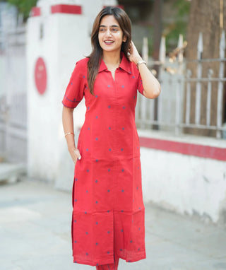 Crimson Red Cotton Handloom Co-ords with Pockets