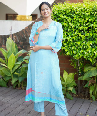Turquoise Blue Muslin Silk Kurti with Bottom – Casual Wear