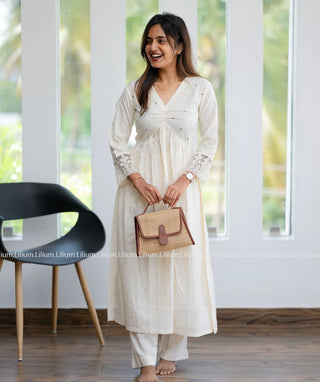 White A-Line Kurti with Multicolor Dots - Casual Top & Bottom