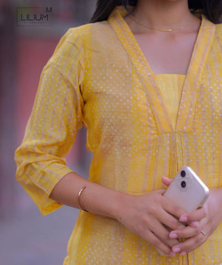 Yellow Muslin Silk Kurti - Casual Geometric Dress