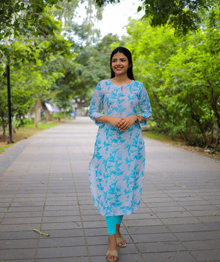 Halfwhite and Sky Blue Shimmer Muslin Kurti – Casual Elegance
