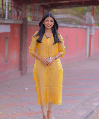 Yellow Muslin Silk Kurti - Casual Geometric Dress