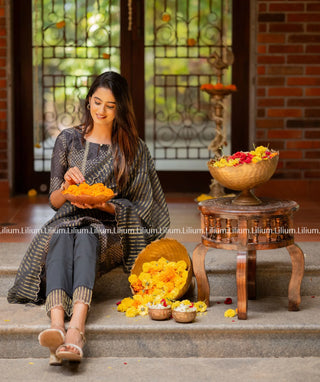 Midnight Black 3-Piece Muslin Silk Set with Embroidery