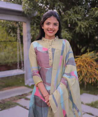 Elegant Lime Green Tissue Silk 3-Piece Set with Embroidery
