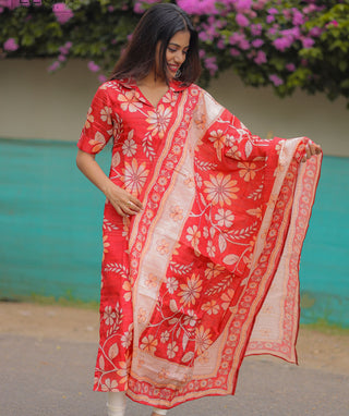 Carmine Red Kurti Shawl in Khadi Tussar Silk