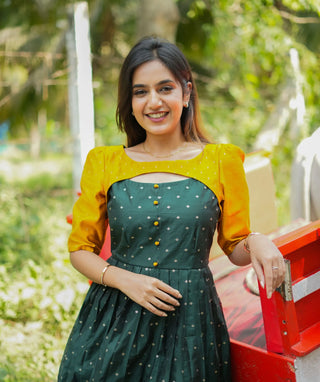 Festive Maxi Dress in Yellow & Emerald Green Chanderi Silk