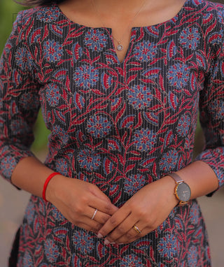 Plum Enchant Kantha Cotton Kurti with Open Slit – Casual Wear