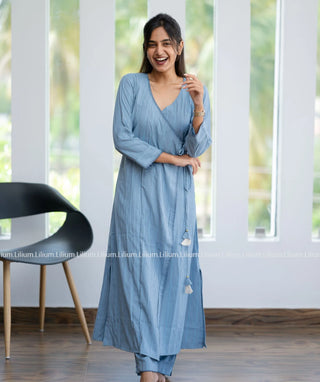 Denim Blue Striped A-Line Kurti with Bottom | Casual Elegance