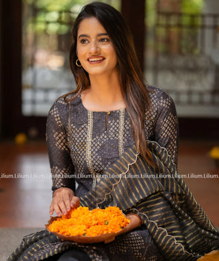 Midnight Black 3-Piece Muslin Silk Set with Embroidery