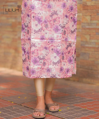 White & Pink Blossom Chanderi Silk Kurti – Casual Elegance