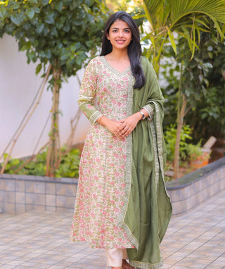 Elegant Halfwhite Floral Kota Silk 3-Piece Festive Set