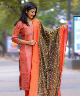 Rust Orange 3-Piece Shimmer Tissue Silk Set with Embroidery