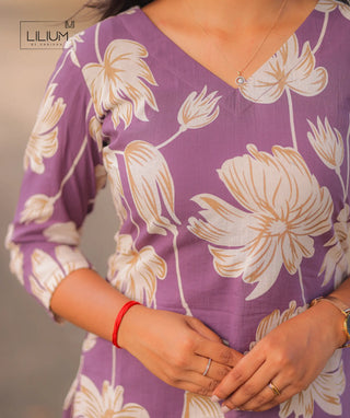 Floral Lavander Cotton Kurti with Open Slit & 3/4th Sleeves