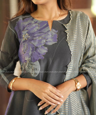 Onyx Black Muslin Shimmer Suit Set with Handcrafted Embroidery