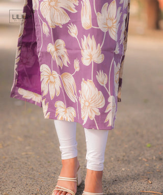 Floral Lavander Cotton Kurti with Open Slit & 3/4th Sleeves