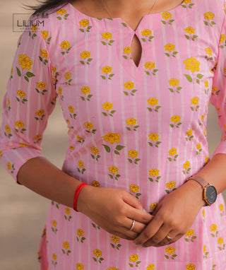 Pinky Mellow Cotton Kurti with Open Slit & 3/4th Sleeves