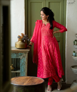 Rich Rose Pink Chanderi Silk Festive 3-Piece Dress Set