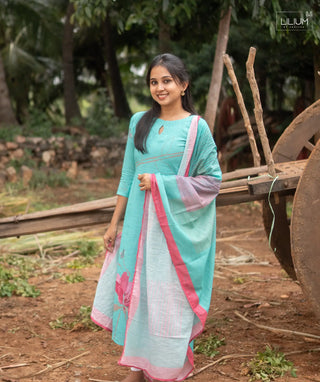 Princely Blue Linen Slub Kurti with Shawl - Festive Wear