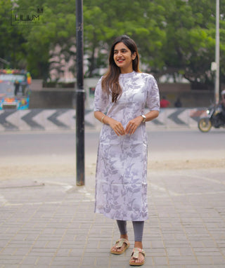 Elegant White & Grey Abstract Muslin Silk Kurti