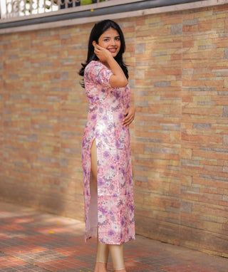 White & Pink Blossom Chanderi Silk Kurti – Casual Elegance
