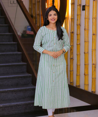 Halfwhite & Green Striped A-Line Kurti with Pockets