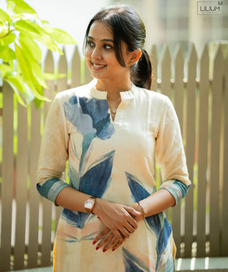 Pale Yellow Cotton Linen Kurti with Blue Blossom