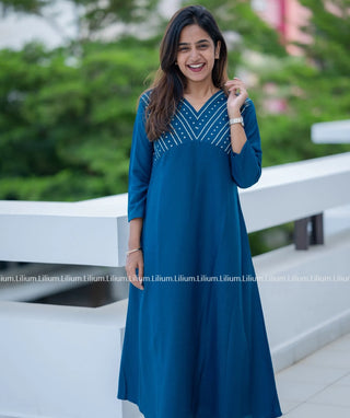 Navy Blue Poly Cotton A-Line Kurti