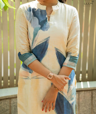 Pale Yellow Cotton Linen Kurti with Blue Blossom