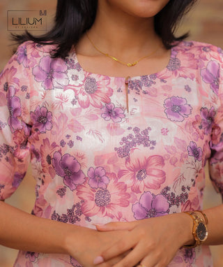 White & Pink Blossom Chanderi Silk Kurti – Casual Elegance