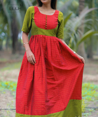 Red and  Pear Chanderi Silk Festive Handloom Maxi Dress