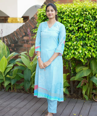 Turquoise Blue Muslin Silk Kurti with Bottom – Casual Wear