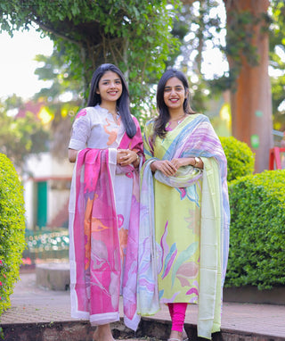 Elegant Pear Green Muslin Shimmer Kurti with Shawl