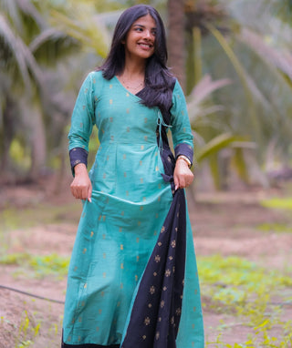 Sea Green & Black Festive Maxi Dress in Chanderi Silk Handloom