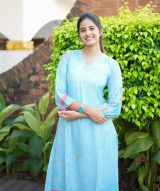 Turquoise Blue Muslin Silk Kurti with Bottom – Casual Wear
