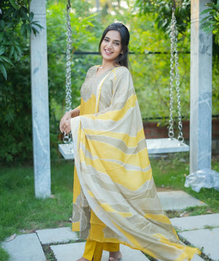 Yellow Blossom Muslin Silk 3-Piece Set with Embroidery
