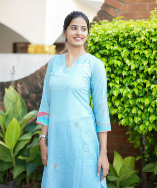 Turquoise Blue Muslin Silk Kurti with Bottom – Casual Wear