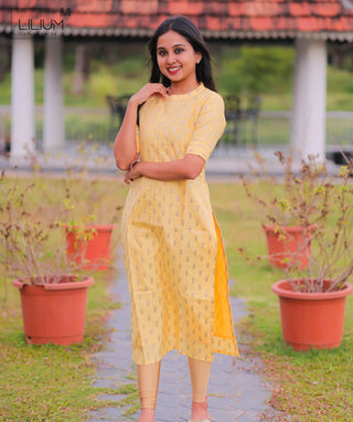 Dynasty Glow Cotton Kurti with Gold Butta