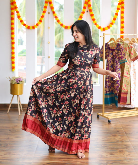 Midnight Blossom Flared Maxi Dress - Pongal Special Edition