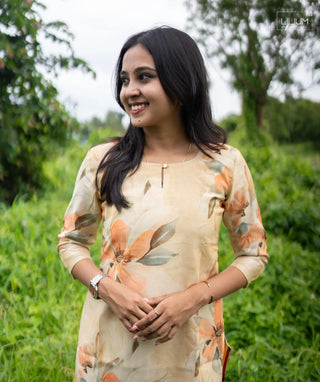 3/4th Sleeve Muslin Kurti in Peach Shade