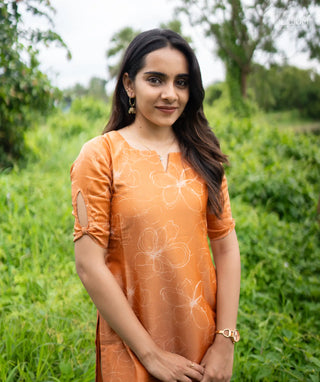 Elbow Sleeve Silk Kurti in Solar Bloom Shade