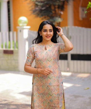 Gold Tissue Silk Kurti with Multicolour Abstract Print