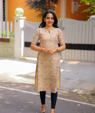 Gold Tissue Silk Kurti with Multicolour Abstract Print